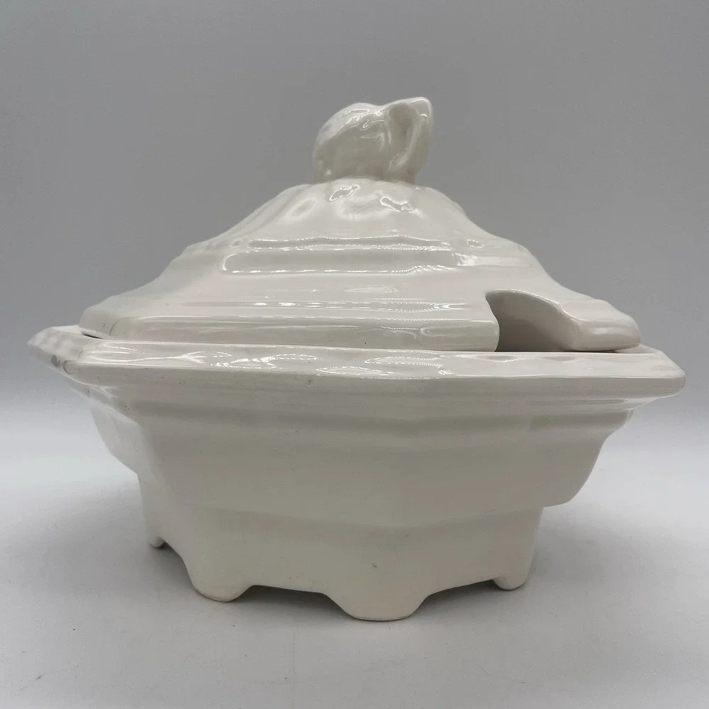 Vintage California Pottery USA Soup Tureen 2qt Octagon White Cream Lidded Lid‎